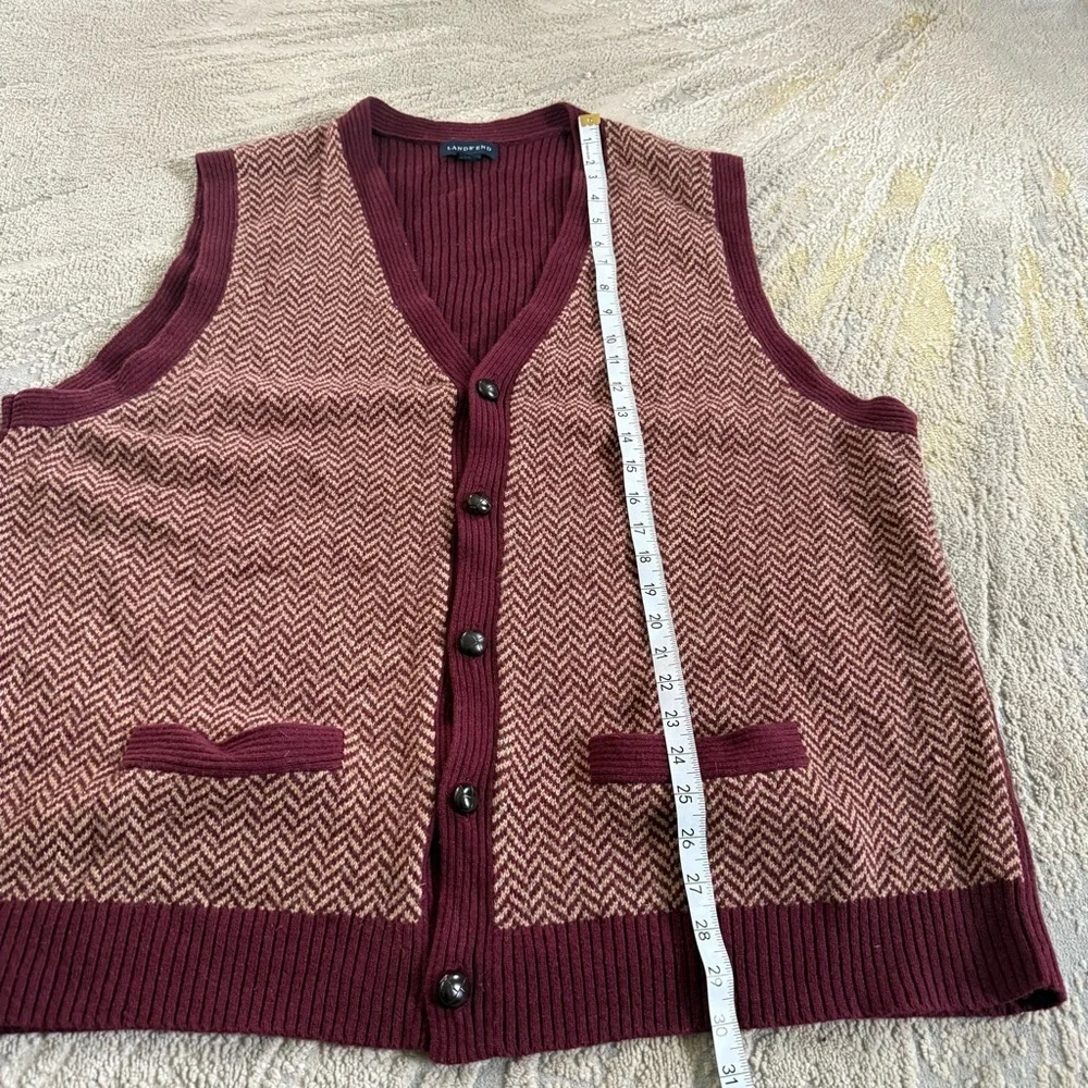 Lands' End sweater vest Burgundy red Herringbone Knit V Neck button font XXL